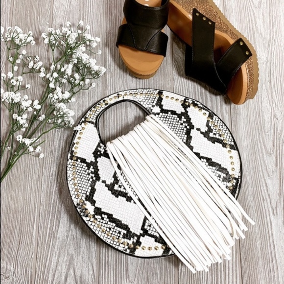 LAST ONE! White and Black Snake Print Fringe Bag - Picture 2 of 4